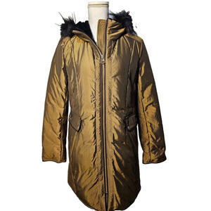 Cole Haan Womens M Bronze Metallic Down Coat Faux Fur Hood Leather Trim NWT $450
